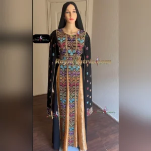 Tatreez, Golden/black Flower embroidery thoub.